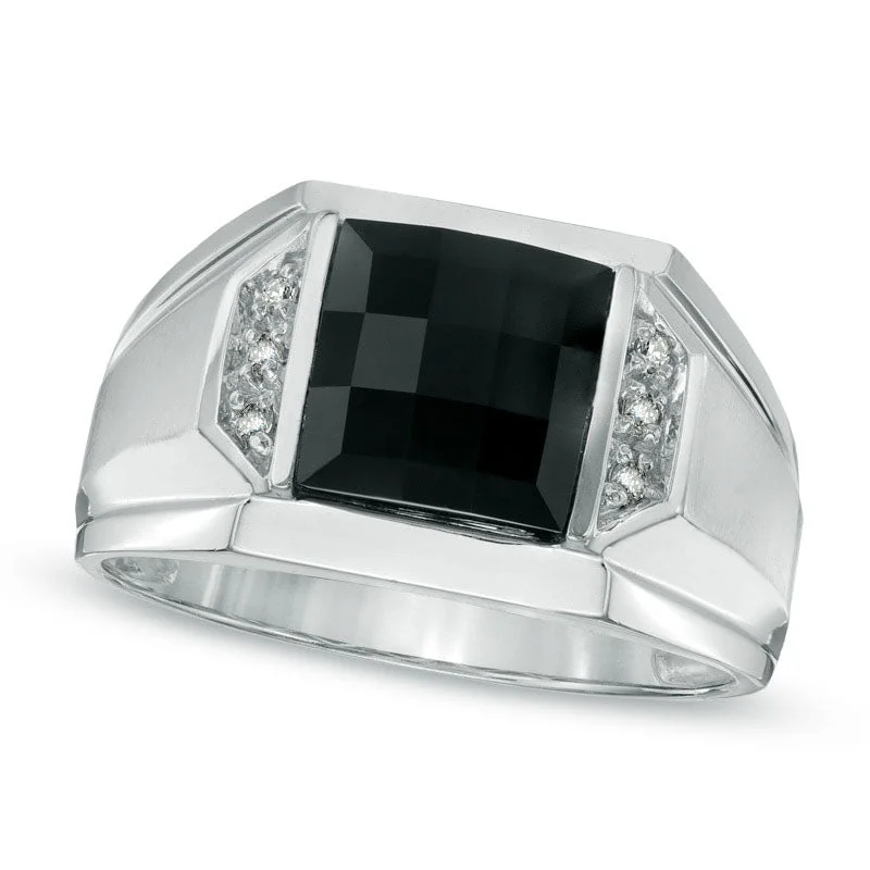 Women’s halo diamond engagement rings-Men's 8.5mm Square-Cut Onyx and Natural Diamond Accent Ring in Solid 14K White Gold