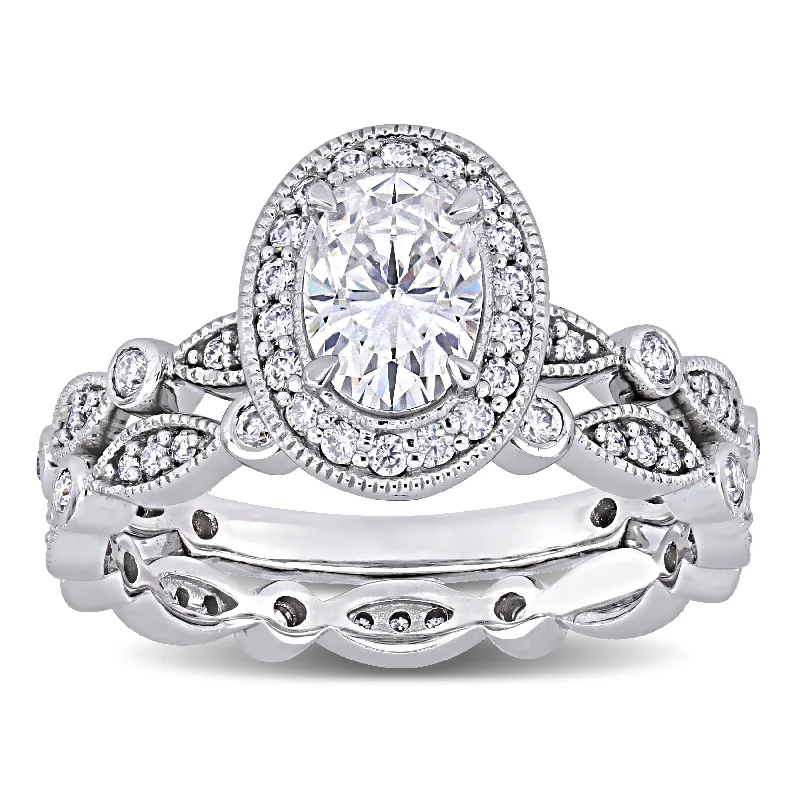 Women’s luxurious gold ring-Miadora 1 1/2ct DEW Oval-cut Moissanite Halo Vintage Bridal Ring Set in 10k White Gold