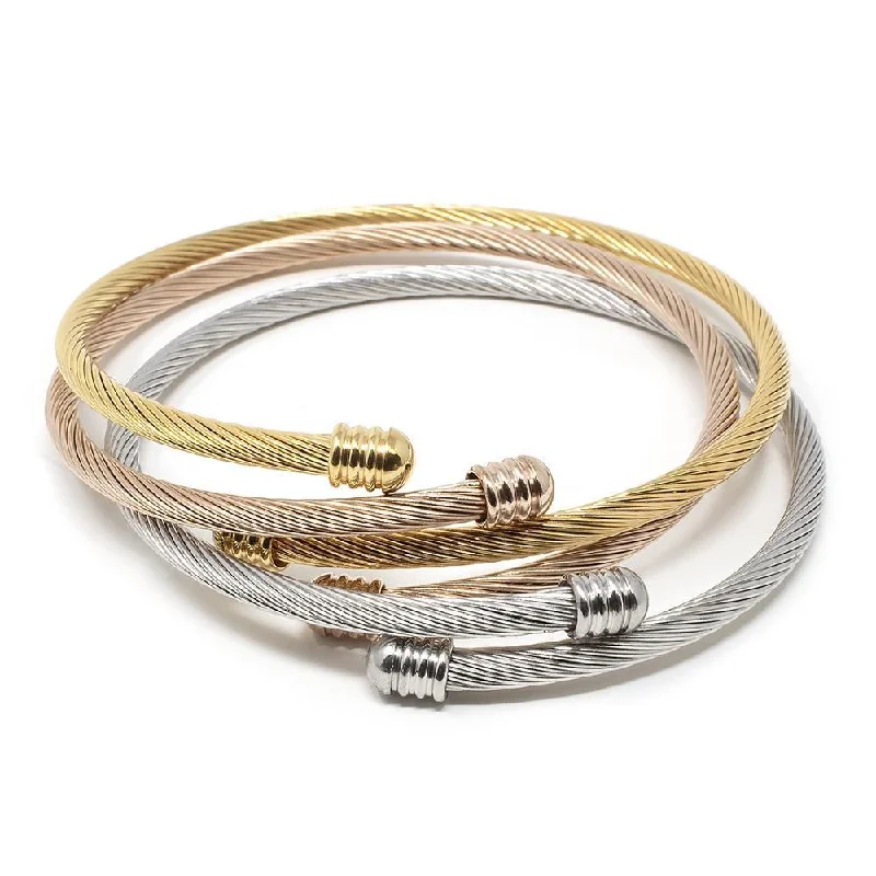 Women’s charm bracelet-Stainless Steel Set of Three Cable Bangle Three Tone