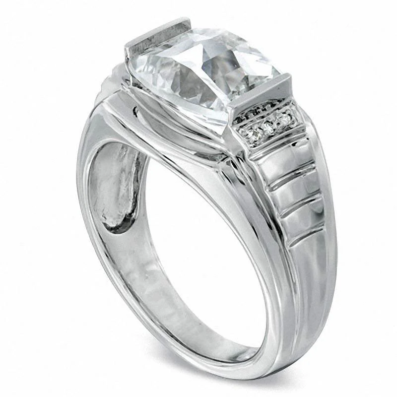 Women’s cushion diamond engagement rings-Men's Barrel-Cut White Topaz and Natural Diamond Accent Ring in Sterling Silver