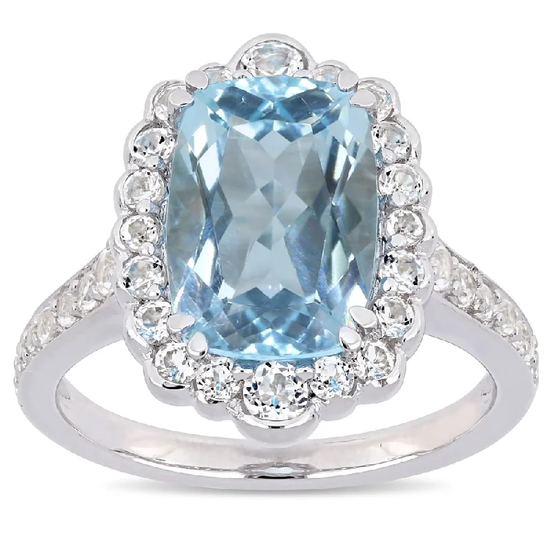 Women’s solitaire ring-Miadora Sterling Silver Sky-Blue and White Topaz Halo Cocktail Ring