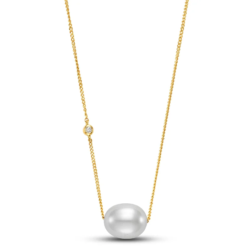 Women’s vintage-style necklace-Floating Freshwater Pearl & Diamond 14K Yellow Gold Necklace