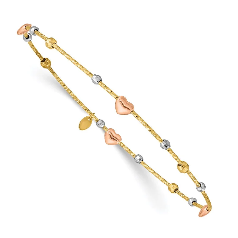 Women’s tennis bracelet-14k Tri-color Heart Diamond-cut Slip-on Bangle-WBC-DB679