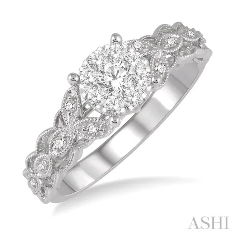 Women’s eternity band engagement rings-1/3 Ctw Round Cut Diamond Lovebright Engagement Ring in 14K White Gold