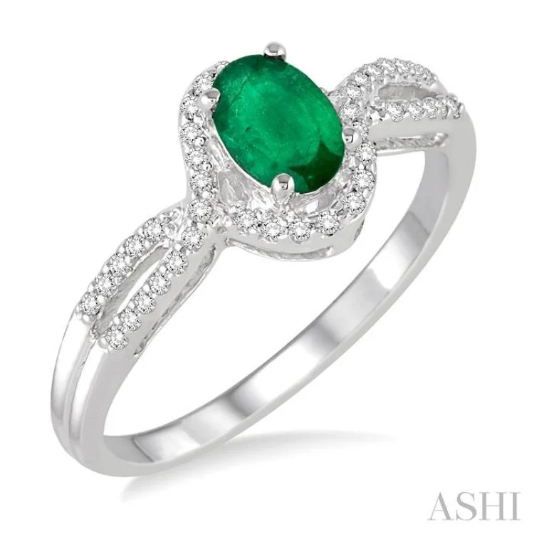 Women’s customized engagement rings-6x4 MM Oval Cut Emerald and 1/6 Ctw Round Cut Diamond Ring in 10K White Gold