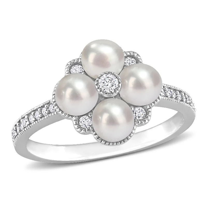 Women’s stylish statement ring-Miadora Cultured Freshwater Pearl and 1/6ct TDW Diamond Cluster Ring in 14k White Gold