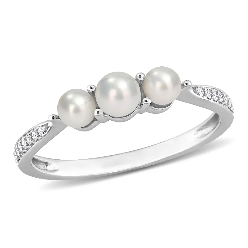 Women’s turquoise ring-Miadora Cultured Freshwater Pearl Diamond Accent 3-Stone Ring 14k White Gold