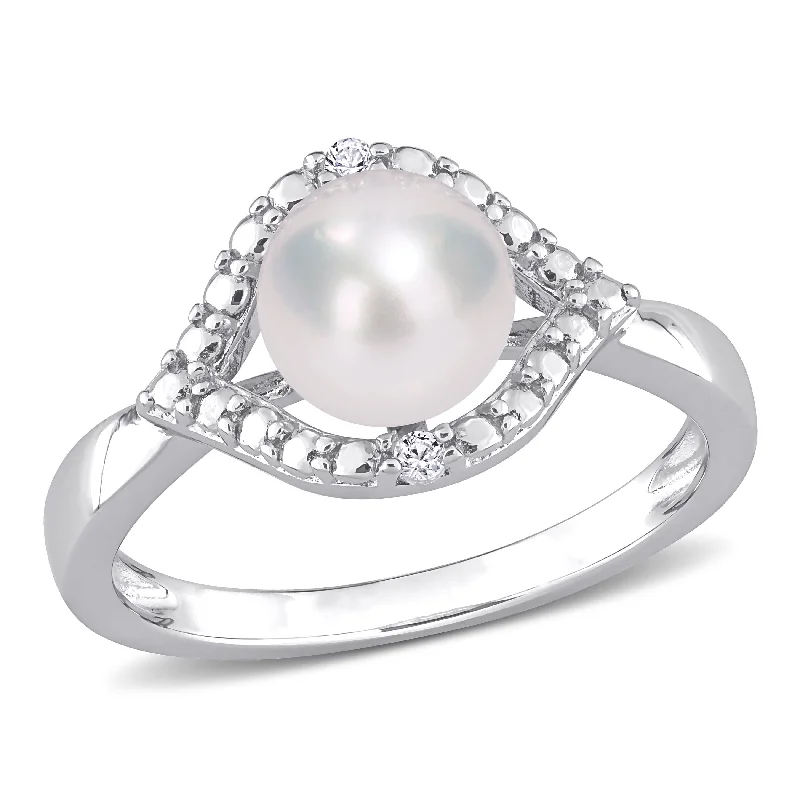 Women’s designer engagement ring-Miadora Sterling Silver Cultured Freshwater Pearl & Created White Sapphire Halo Ring (7-7.5mm)