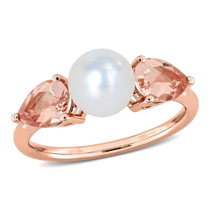 Women’s dainty ring-Miadora 7-7.5mm Cultured Freshwater Pearl 1 1/2ct TGW Morganite Promise Ring 14k Rose Gold