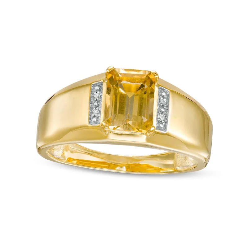 Women’s wedding and engagement rings-Men's Emerald-Cut Citrine and Natural Diamond Accent Collar Ring in Solid 10K Yellow Gold