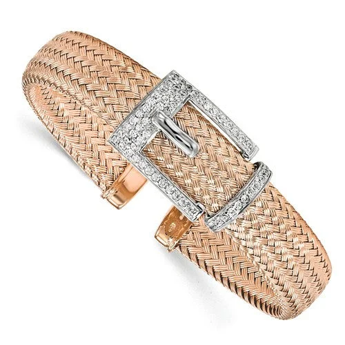 Women’s vintage bracelet-Sterling Silver Rose Gold-Plated CZ Polished Woven Cuff Bangle