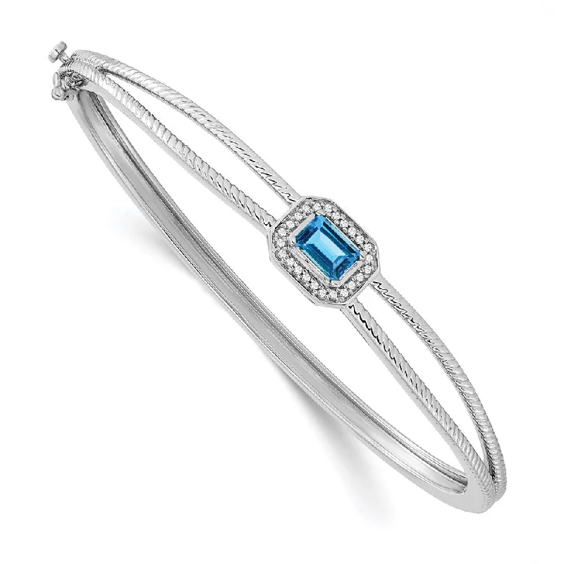 Women’s custom bangles-14k White Gold Emerald-shape Blue Topaz and Diamond Halo Bangle-WBC-BM7091-BT-011-WA