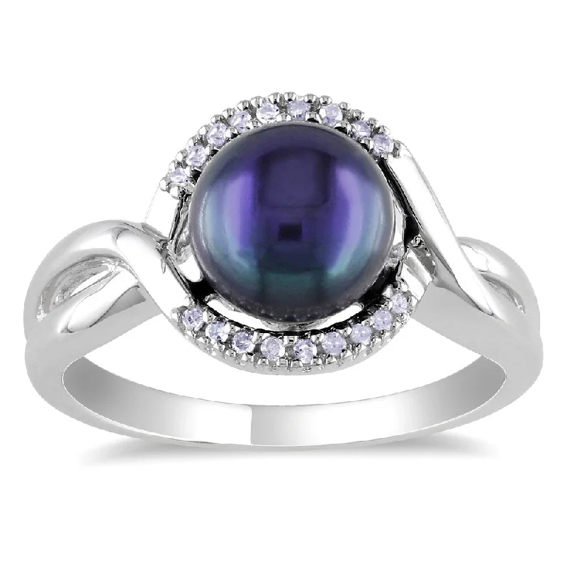 Women’s minimalist ring-Miadora Sterling Silver Culltured Freshwater Black Pearl and Diamond Ring