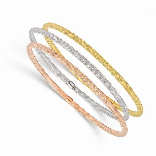 Women’s leather bracelet-14k Yellow Gold With White And Rose Rhodium Textured Set Of 3 Bangles