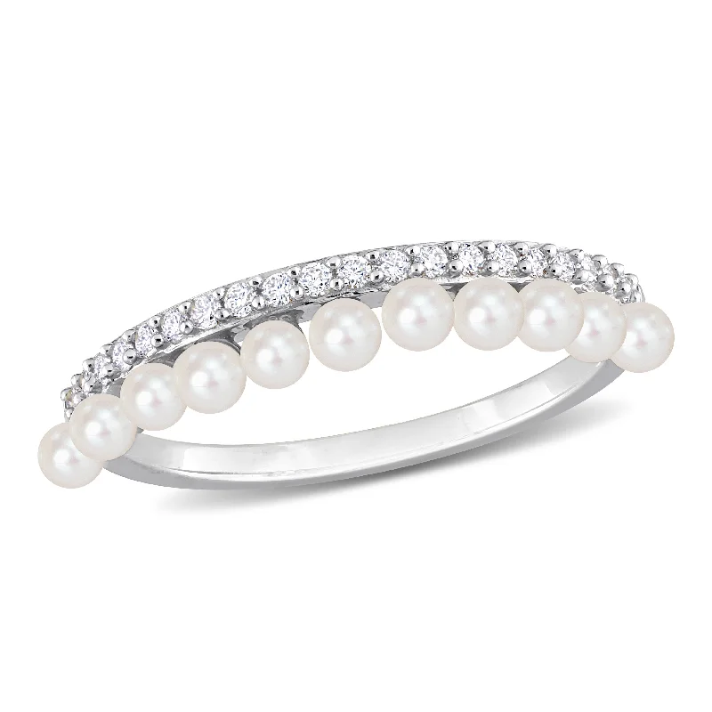 Women’s promise ring-Miadora White Cultured Freshwater Pearl and 1/6ct TDW Diamond Eternity Ring in 14k White Gold