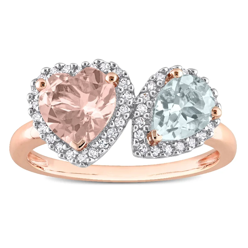 Women’s pearl-studded ring-Miadora Morganite Aquamarine and 1/5ct TDW Diamond Heart and Teardrop Ring in 10k Rose Gold