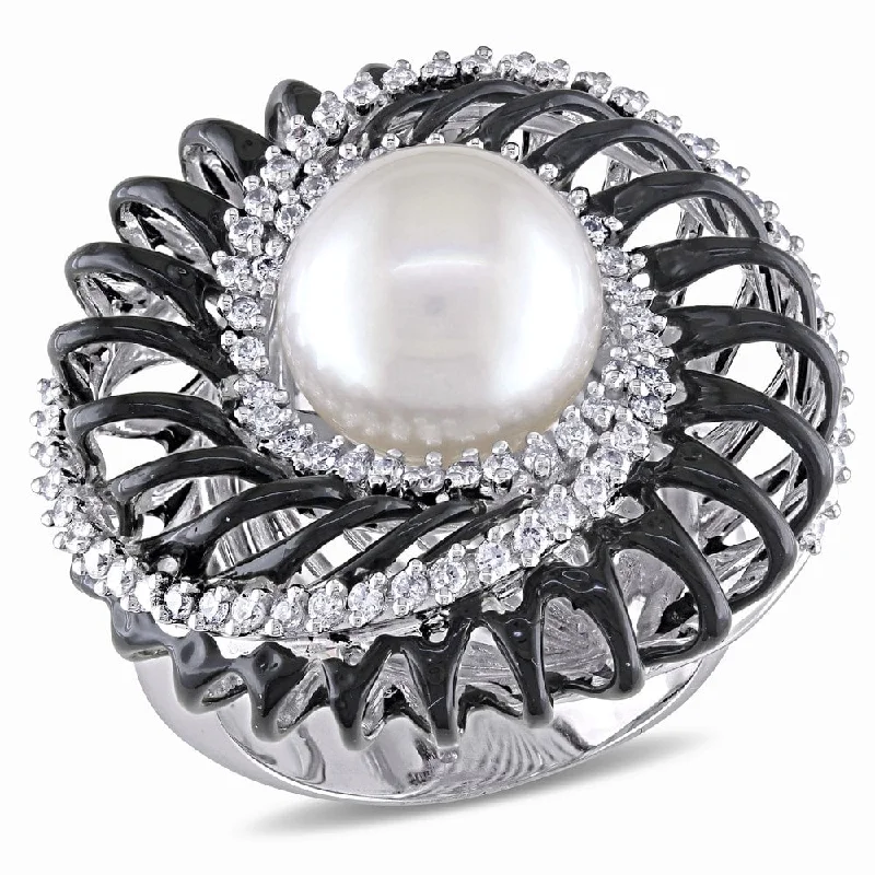 Women’s geometric ring-Miadora Signature Collection 18k White Gold South Sea Pearl and 5/8ct TDW Diamond Ring (G-H, SI1-SI2