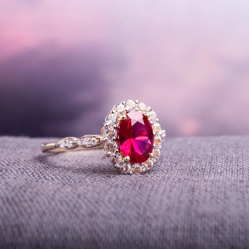 Women’s rose gold ring-Miadora 14k Yellow Gold Oval-cut Created Ruby, White Topaz and Diamond Accent Halo Cocktail Ring