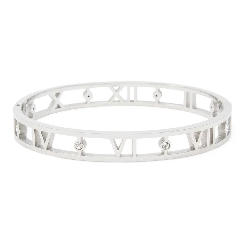 Women’s chic bracelet-Stainless Steel Bangle Roman Numeral CZ