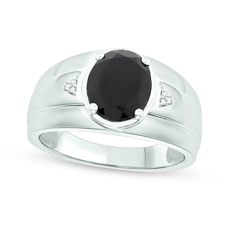 Women’s two-tone engagement rings-Men's Oval Onyx and Natural Diamond Accent Bevelled Edge Ring in Sterling Silver