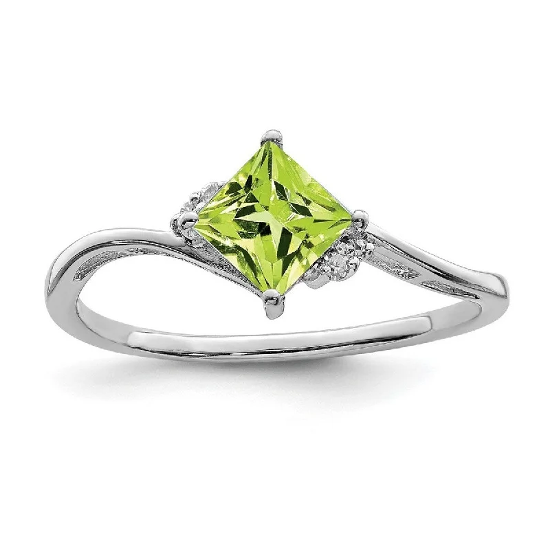 Women’s emerald cut ring-Curata 925 Sterling Silver Polished Open back Rhodium Plated Diamond and Peridot Square Ring