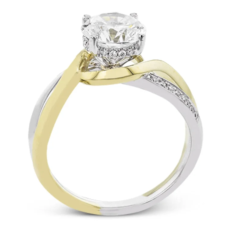 Women’s side stone diamond engagement rings-18K two-tone engagement ring has a delicate swirl design with a polished yellow gold side, and a white gold side set with 0.14 ctw of diamonds