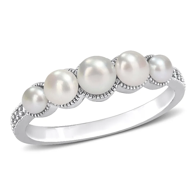 Women’s oval ring-Miadora Cultured Freshwater Pearl and Diamond Accent Halo Five Stone Ring in 14k White Gold