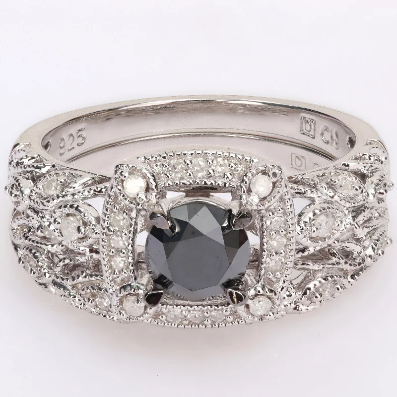 Women’s vintage ring-Miadora Sterling Silver 1 1/6ct TDW Black & White Diamond Vintage Bridal Ring Set