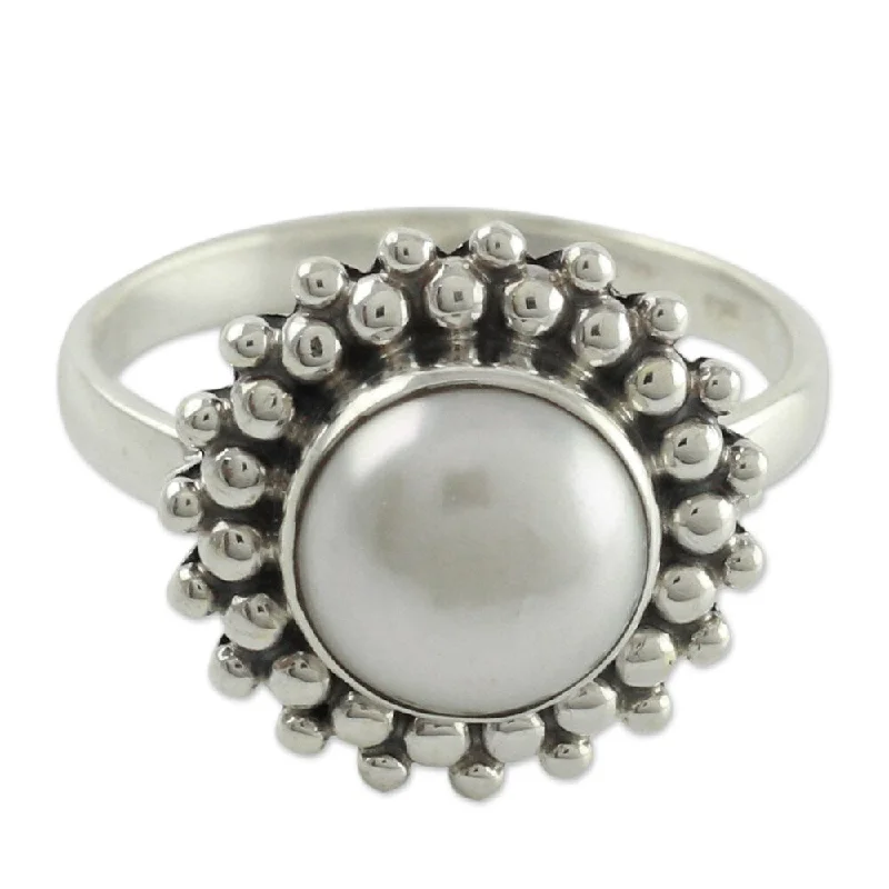 Women’s halo diamond ring-Handmade Cultured Pearl 'Kolkata Halo' Sterling Silver Cocktail Ring (India)