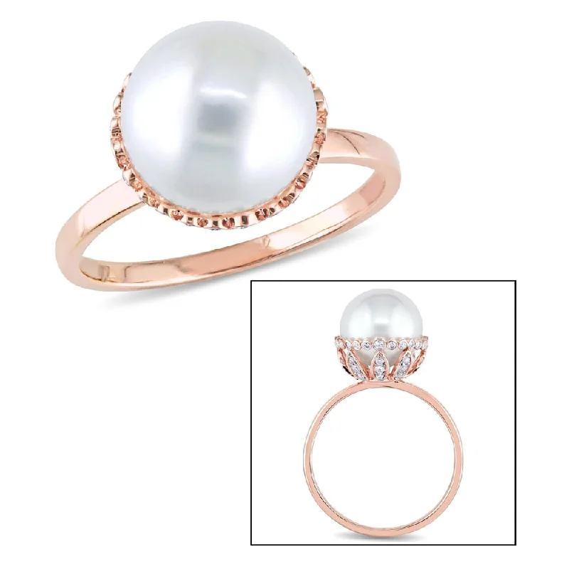 Women’s gold wedding ring-Miadora 14k Rose Gold White Cultured Freshwater Pearl and 1/4ct TDW Diamond Halo Ring (9.5-10 mm) (G