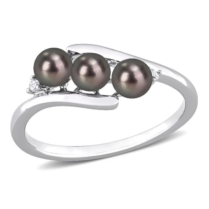 Women’s gold ring-Miadora 3.5-4mm Black Cultured Freshwater Pearl and Diamond Accent Triple Pearl Bypass Ring in Sterling Silver