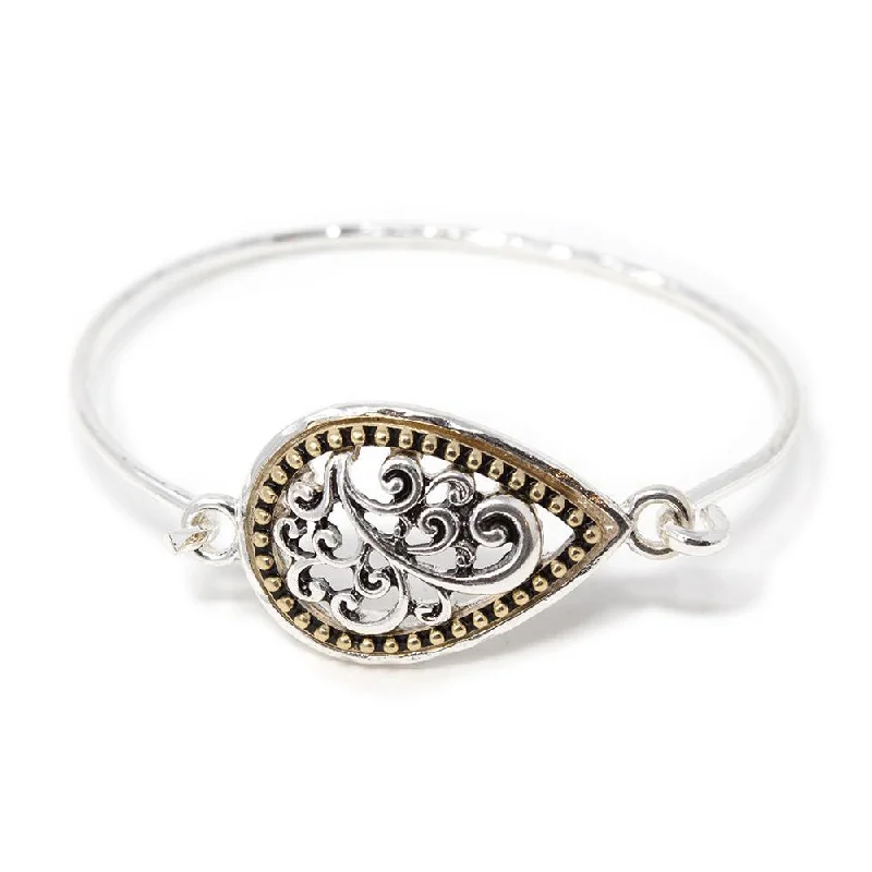 Women’s chunky bracelet-Two Tone Filigree Teardrop Bangle