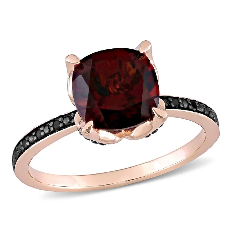 Women’s ruby and diamond ring-Miadora 10k Rose Gold Cushion-Cut Garnet and Black Diamond Ring