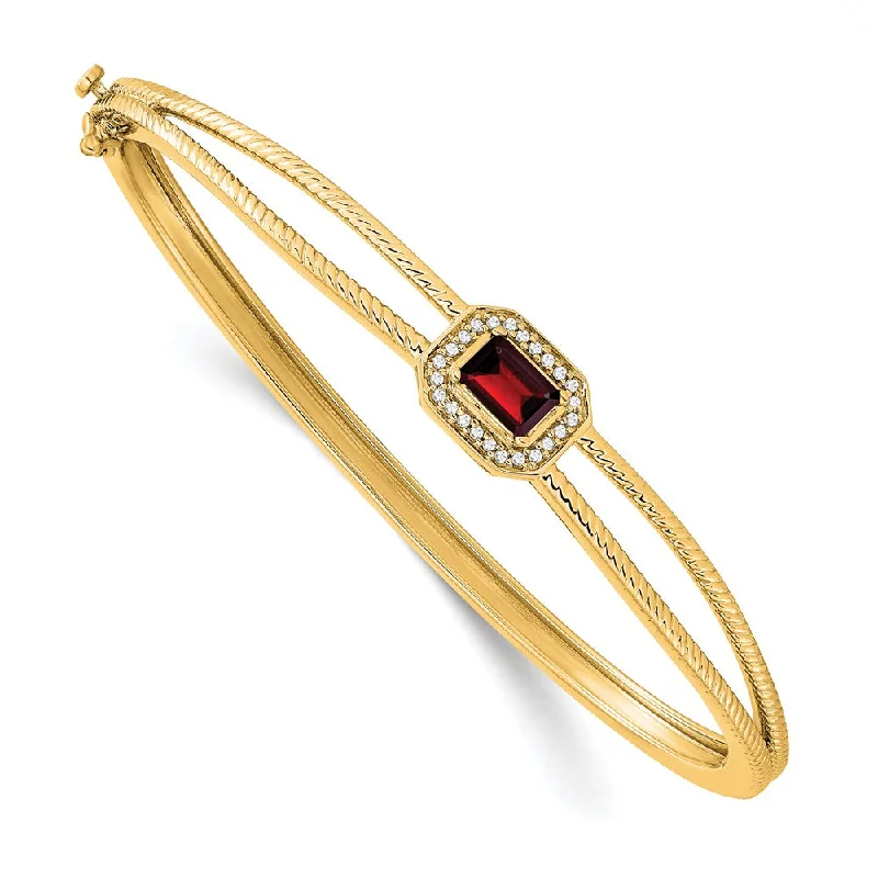 Women’s polished bracelet-14k Emerald-shape Garnet and Diamond Halo Bangle-WBC-BM7091-GA-011-YA