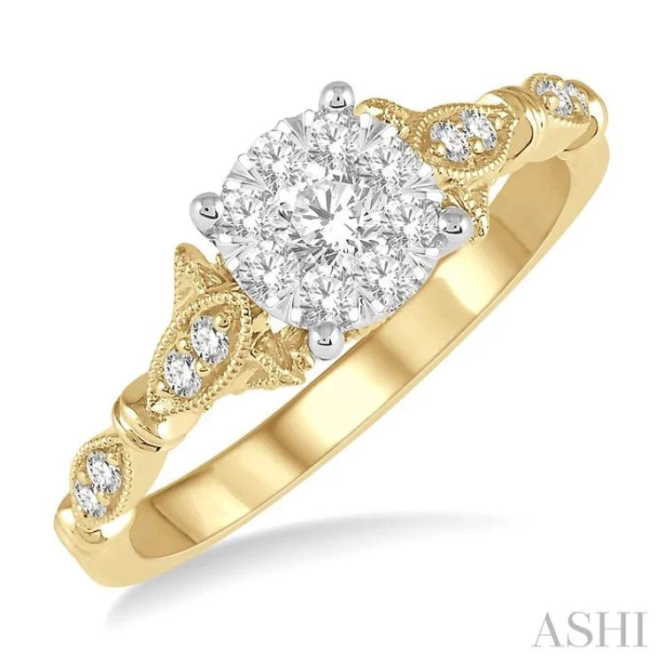 Women’s twisted band engagement rings-1/2 ctw Marquise Shank Circular Mount Lovebright Round Cut Diamond Ring in 14K Yellow and White Gold