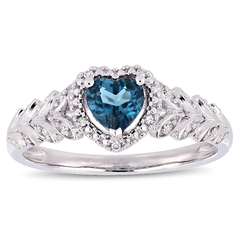 Women’s topaz ring-Miadora 10k White Gold London-Blue Topaz and Diamond Heart Halo Ring