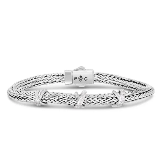 Women’s stacked bangle set-White Sapphire Triad X Woven Bangle in Sterling Silver