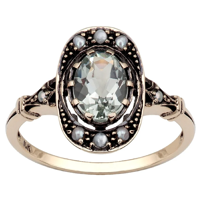 Women’s fashion ring-Viducci 10k Yellow Gold Vintage Style Green Amethyst and Pearl Ring