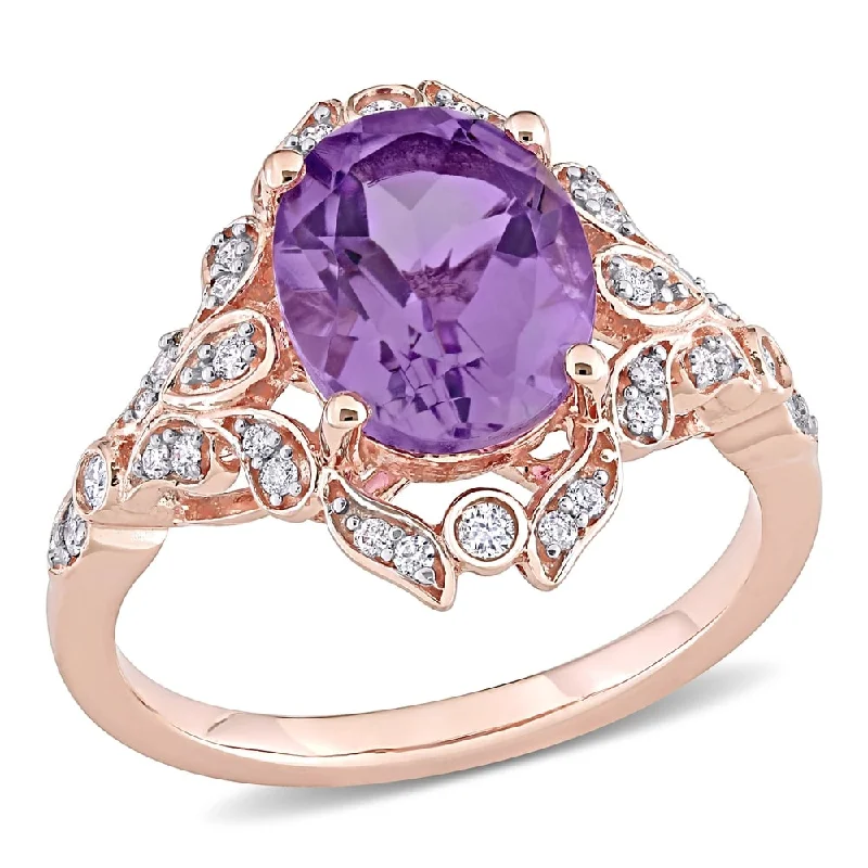 Women’s stylish statement ring-Miadora 14k Rose Gold Oval-cut Amethyst & 1/5ct TDW Diamond Vintage Floral Halo Cocktail Ring