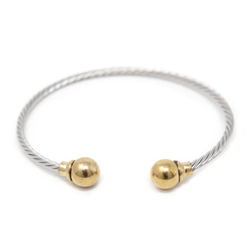 Women’s stretch bracelet-Stainless St Two Tone Cable Bangle Gold Ball