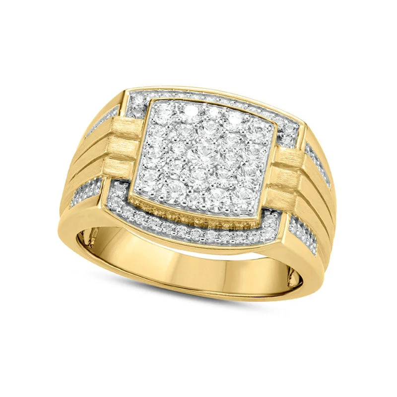 Women’s vintage halo engagement rings-Men's 1.0 CT. T.W. Composite Natural Diamond Cushion Frame Triple Row Grooved Shank Signet Ring in Solid 10K Yellow Gold