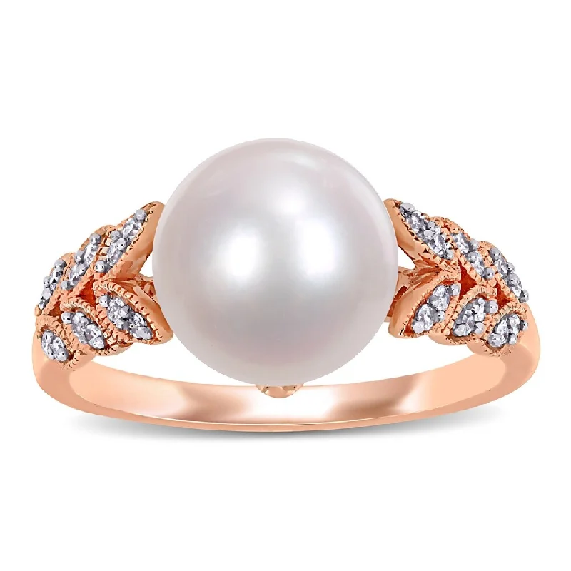 Women’s sapphire engagement ring-Miadora 10k Rose Gold Cultured FW Pearl and 1/6ct TDW Diamond Leaf Ring (9-10 mm)