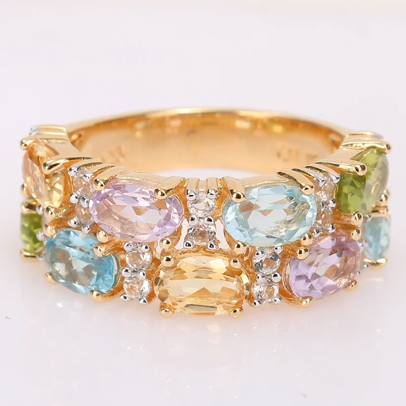 Women’s multi-stone ring-Multi Color Blue Topaz, Rose De France, Citrine & Peridot Mosaic Ring in Yellow Plated Sterling Silver by Miadora