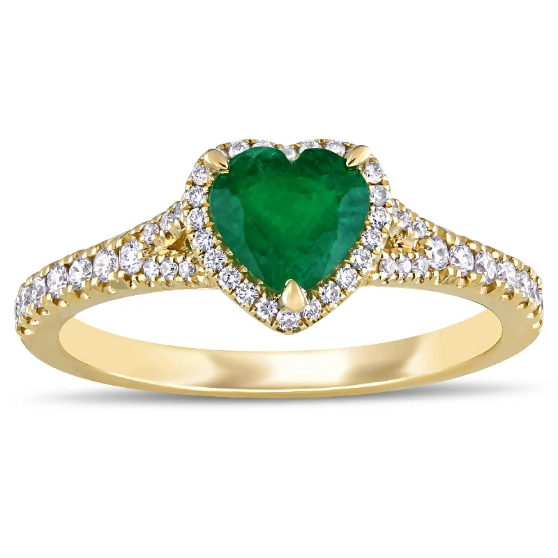 Women’s trendy ring-Miadora 14k Yellow Gold Emerald and 1/4ct TDW Diamond Heart Halo Ring