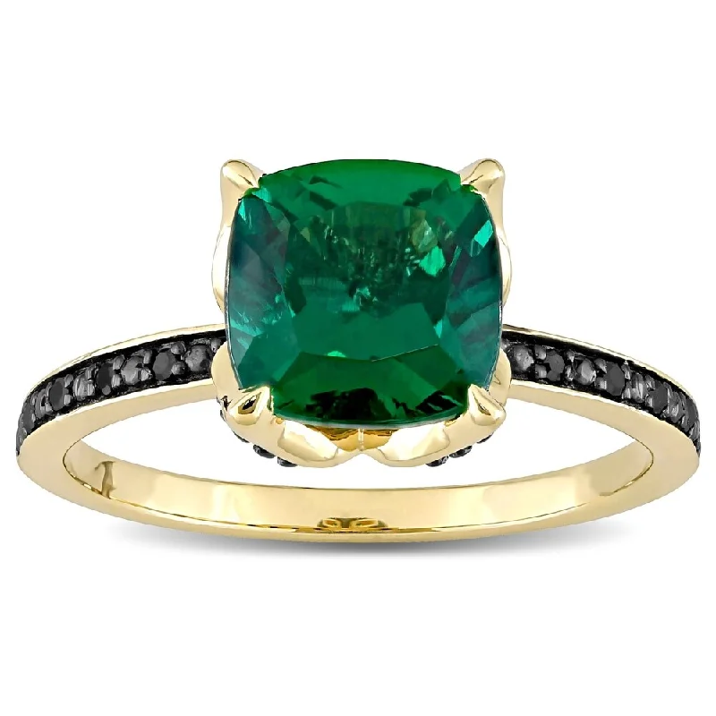 Women’s gold wedding ring-Miadora 10k Yellow Gold Cushion-Cut Created Emerald and Black Diamond Ring