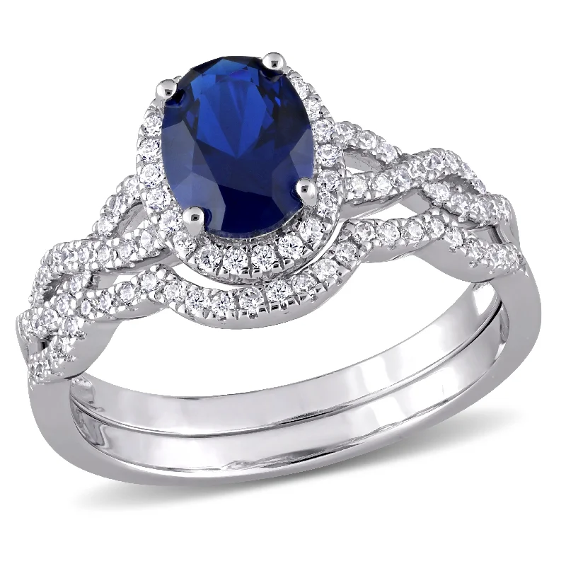 Women’s custom ring-Miadora 3 1/6CT TGW Oval-Cut Blue And White Cubic Zirconia Halo Entwined Ring Set In Sterling Silver