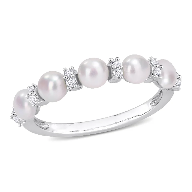 Women’s radiant cut diamond ring-Miadora Sterling Silver Freshwater Cultured Pearl & White Topaz 5-Stone Semi-Eternity Ring (3.5-4mm)