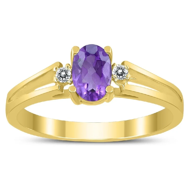 Women’s romantic ring-6X4MM Amethyst and Diamond Open Three Stone Ring in 10K Yellow Gold