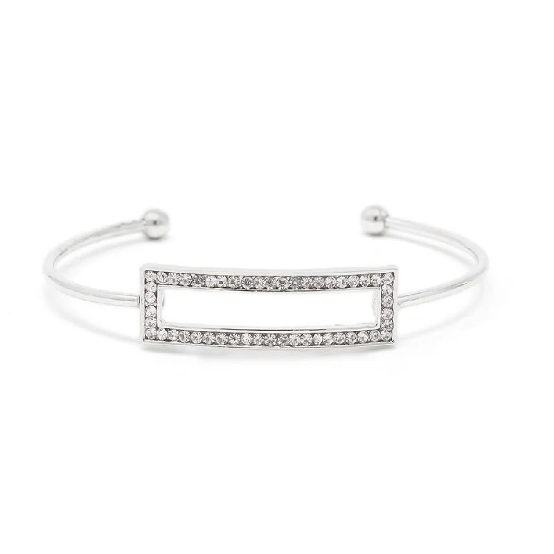 Women’s gold bangle bracelet-Cubic Zirconia Retangle Thin Bangle Rhodium Plated