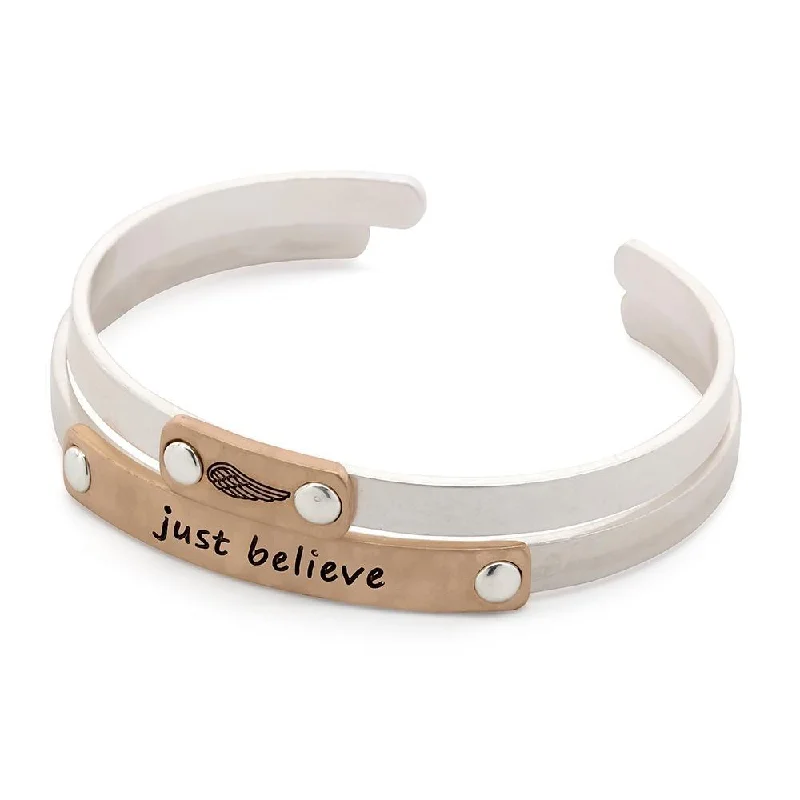 Women’s delicate bracelet-Just Believe Double Bangle Silver and Rose Gold Plated